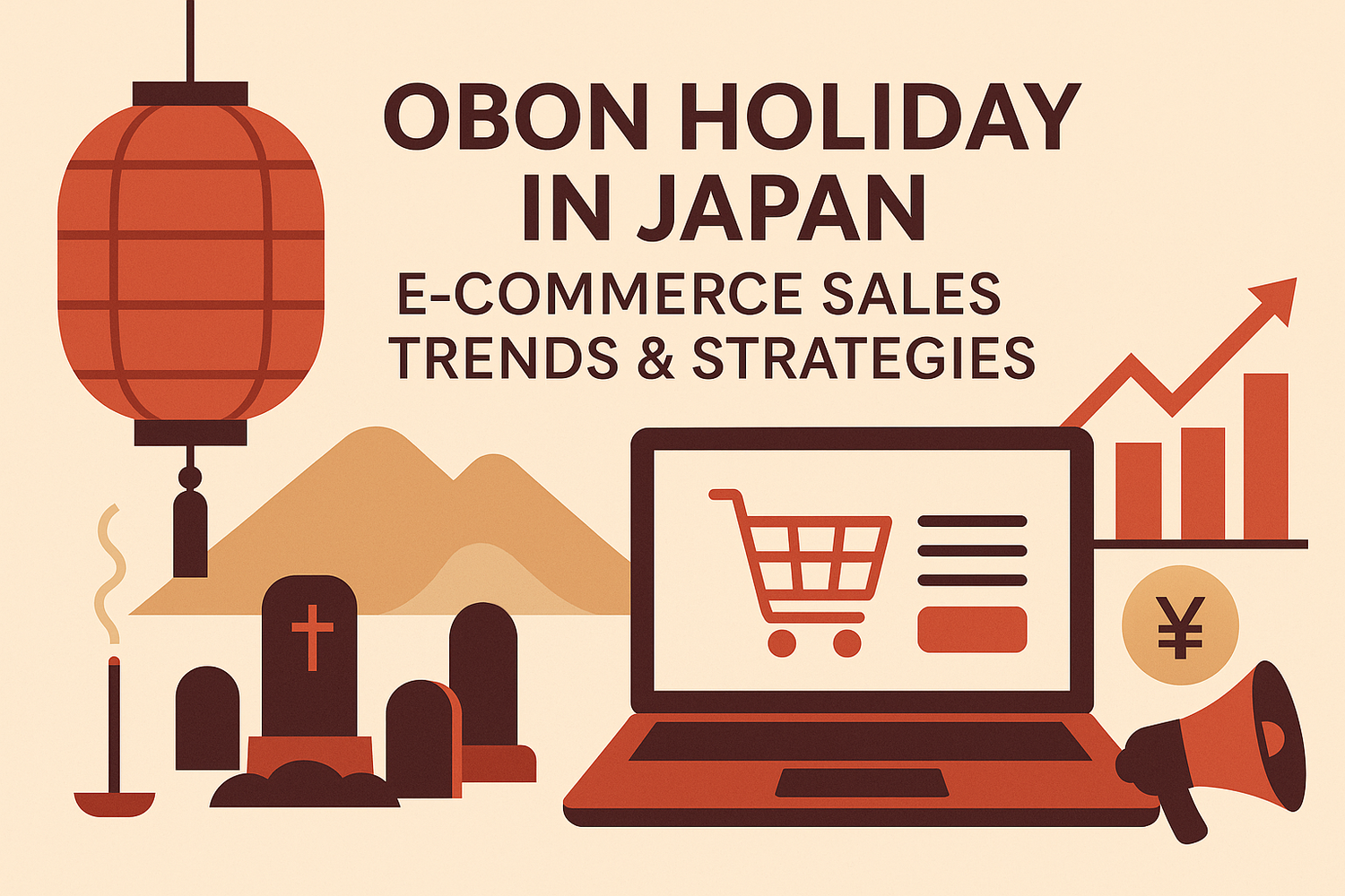 Flat vector illustration combining Japan’s Obon symbols with e-commerce sales icons in warm red and beige tones.