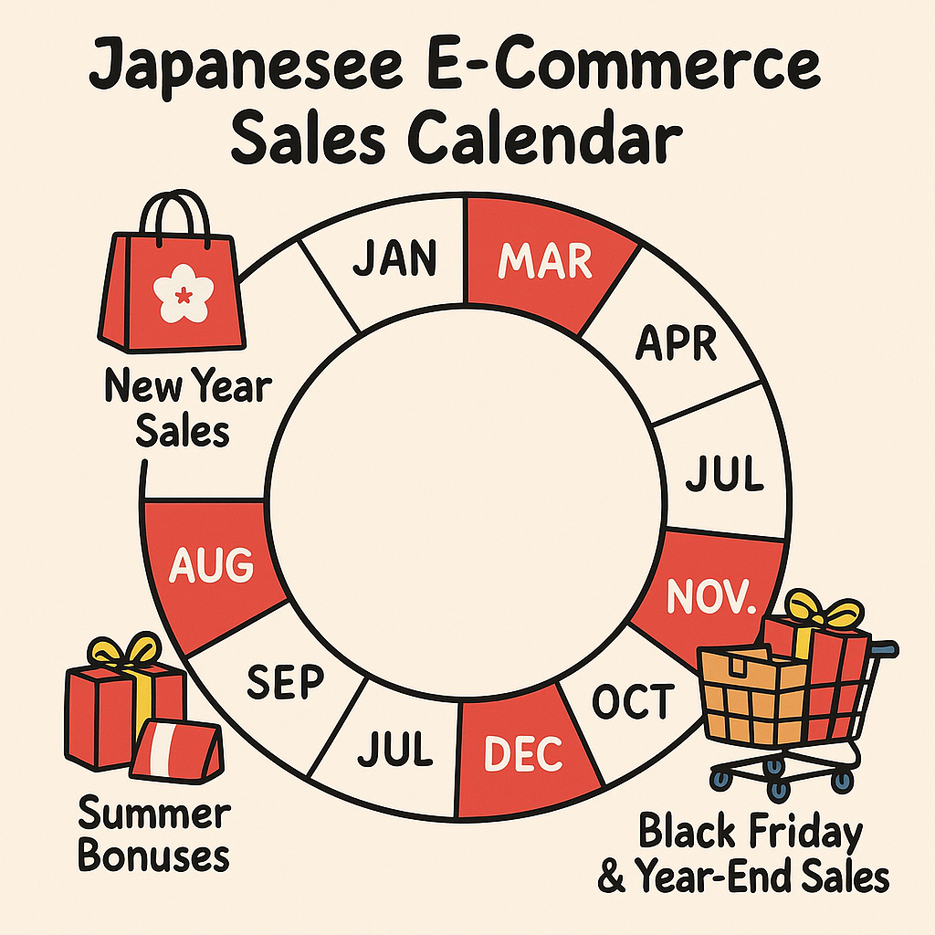 Japanese e-commerce sales calendar. Peak months: January, March, June, August, November, December